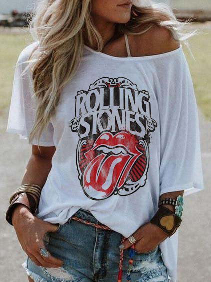 ROLLING STONES Impreso Word Collar Loose Camiseta de mujer