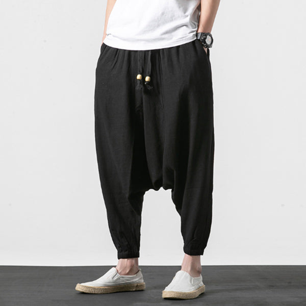 Pantalones de hombre de algodón y lino con pierna ancha.