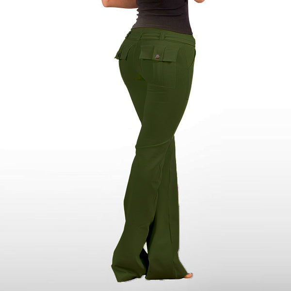 Pantalones de yoga con corte de botas y bolsillos con solapa para mujer