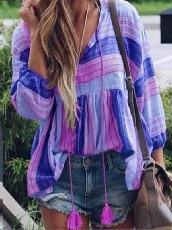 Encaje con borlas y estampado de manga trompeta con cuello en V y talla grande