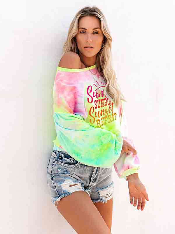 Mujer amanecer puesta de sol puesta de sol repetido suéter estampado