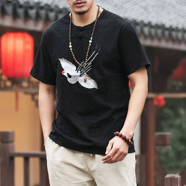 Camiseta de manga corta y lino con bordado de grulla para hombre