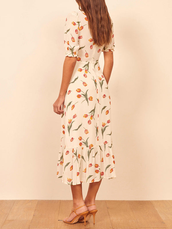 Split Puff Sleeve Midi Kleid mit Blumendruck