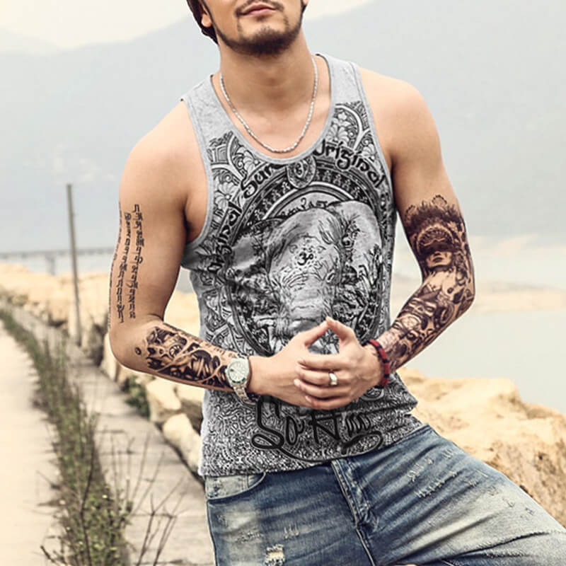 Chaleco de algodón estampado de elefante delgado sin mangas casual hippie de verano para hombres