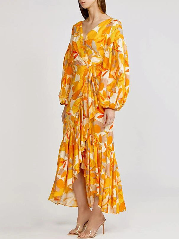 Boho Ballonärmel Asymmetrische Saum Abendparty Maxikleid