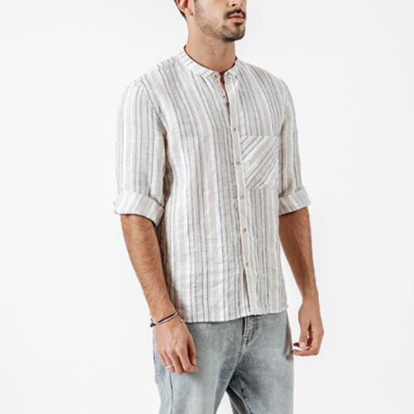 Herren Stehkragen gewaschen Baumwolle und Leinen gestreift bequemes Hemd