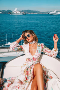 Bohemian Deep V Print Schlankes Langarmkleid