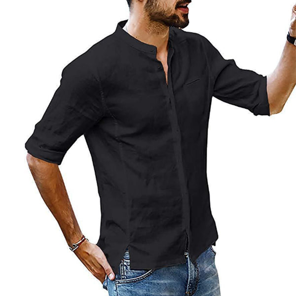 Camisa de lino simple con cuello alto para hombre.