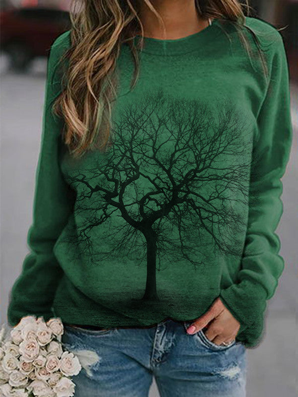 Damen Baum Schatten Print Crew Neck Casual Top
