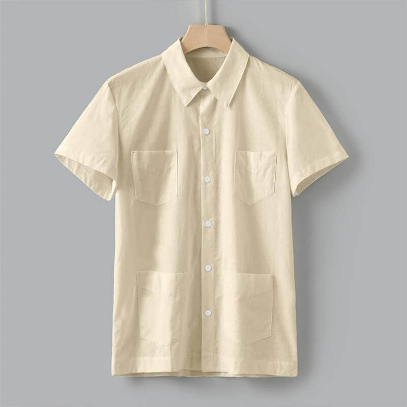 Vyrų vasaros atostogų paplūdimys Kvėpuojantys patogūs trumpų rankovių medvilniniai marškiniai su daugybe lininių kišenių