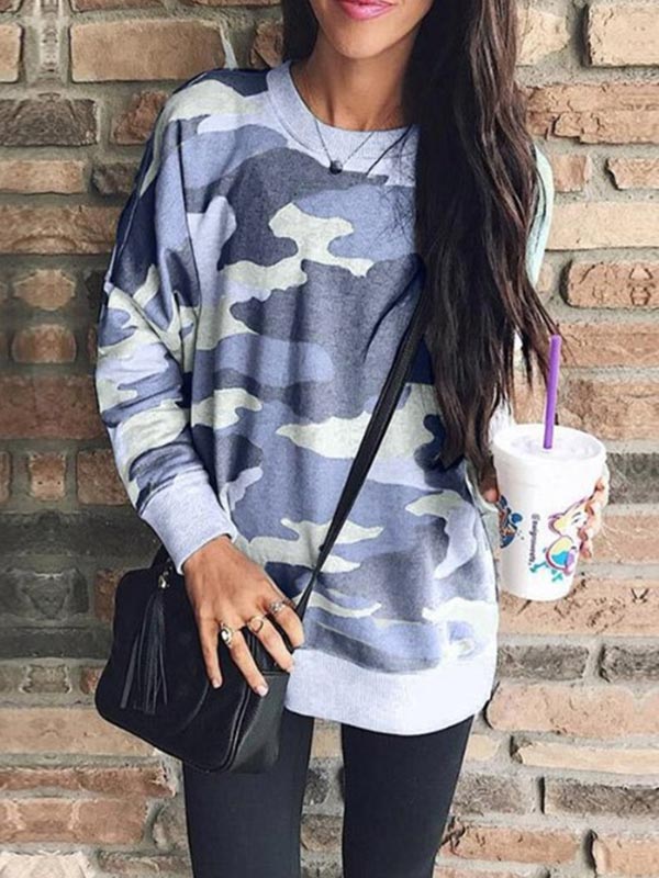 Cuello redondo estampado camuflaje para mujer con manga larga