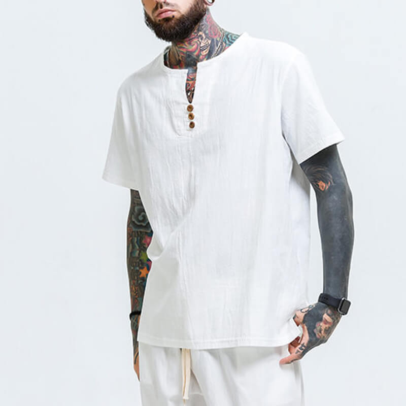 Vyriški vintažiniai patogūs trumpų rankovių medvilniniai marškiniai trumpomis rankovėmis ir V formos kakleliu