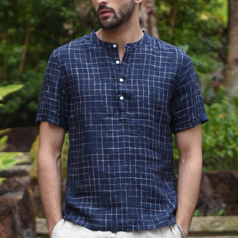 Camisa casual básica de verano para hombre con lona de algodón a cuadros