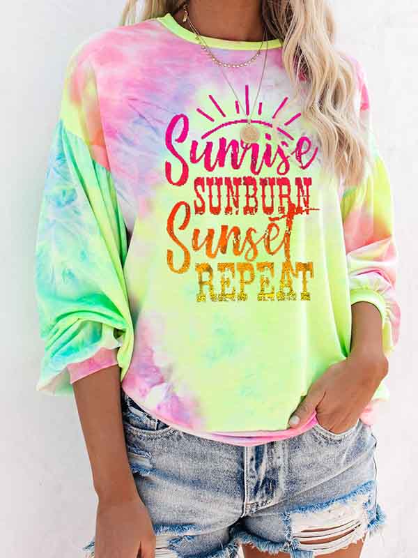 Mujer amanecer puesta de sol puesta de sol repetido suéter estampado