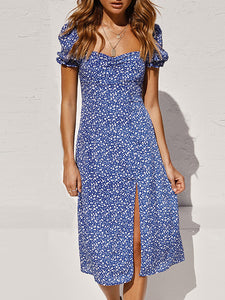 Quadratischer Hals Polka Dot Split Midi Kleid