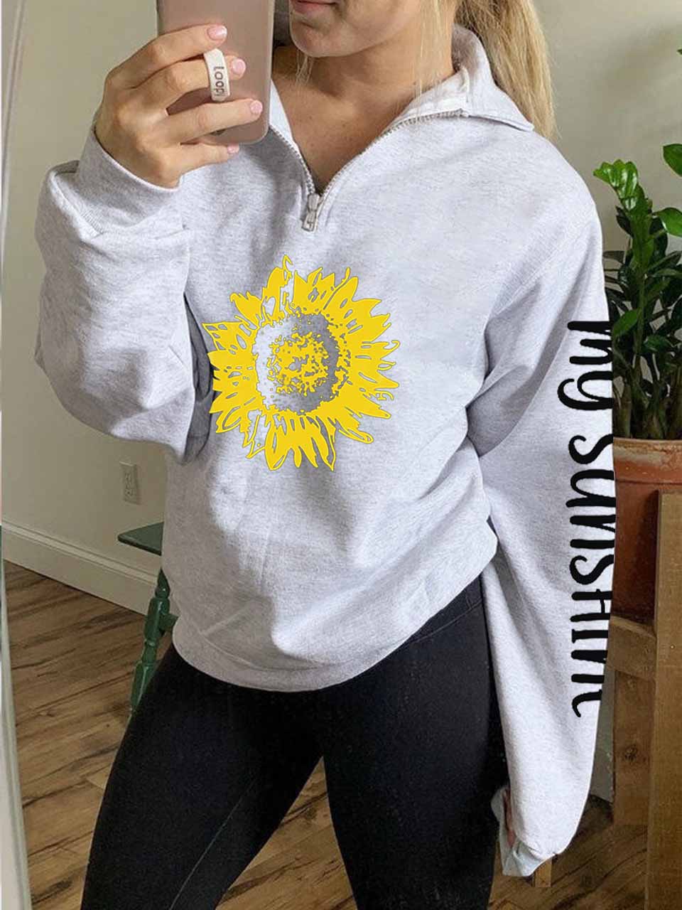 Mein Sunshine Sunflower Print Zip Sweatshirt