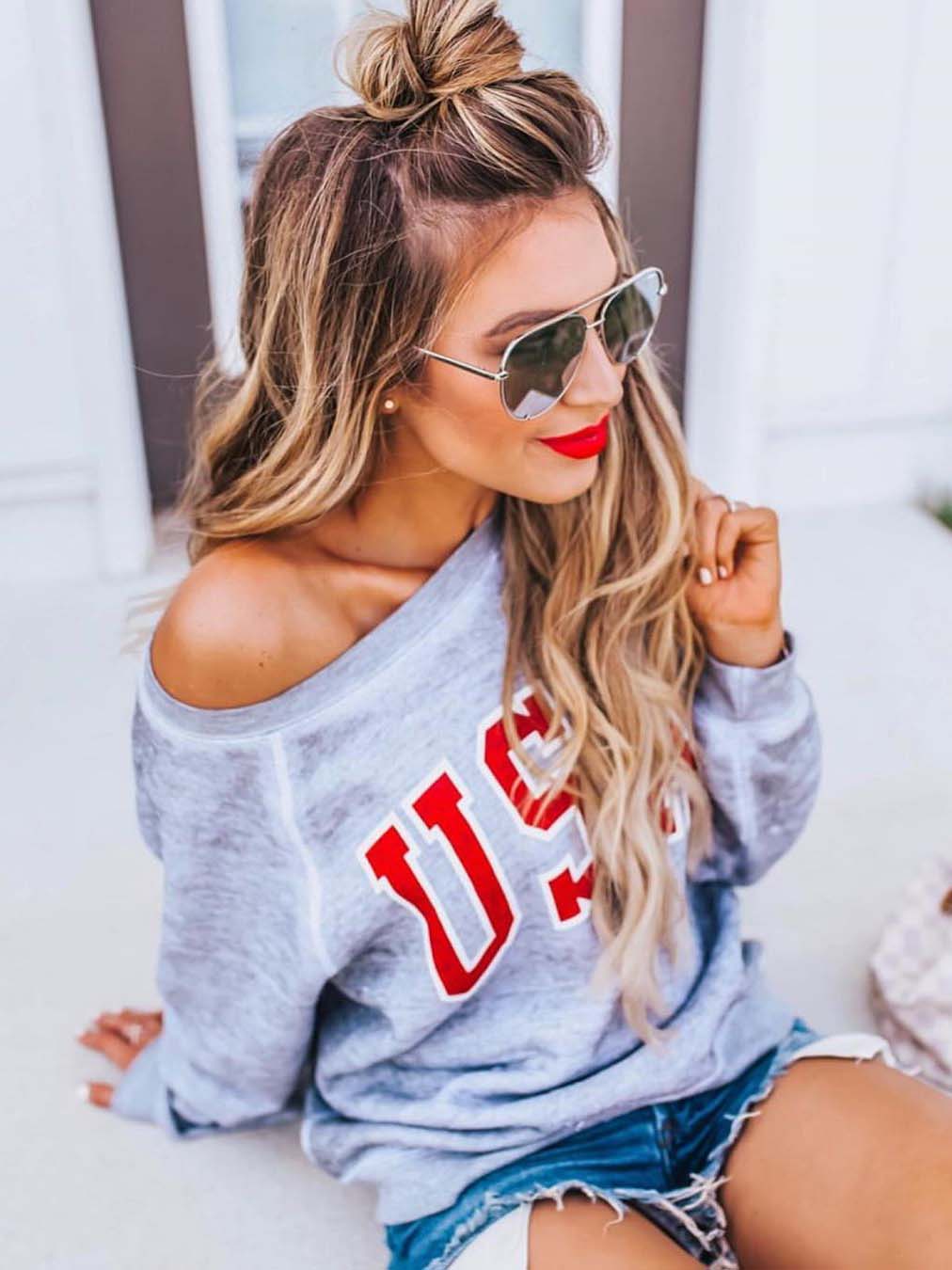 Damen USA Bedrucktes Langarm-Sweatshirt