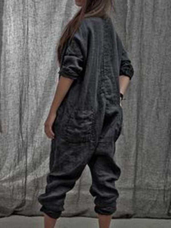 Traje casual de mujer en color liso con manga larga y cuello en V