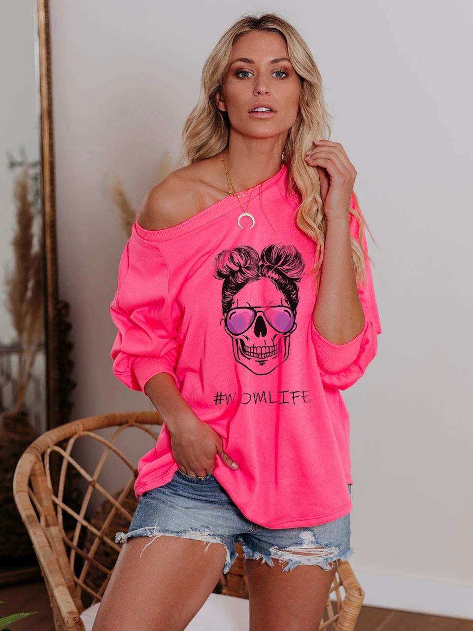 Frauen Momlife Brille aus Schulter Sweatshirt