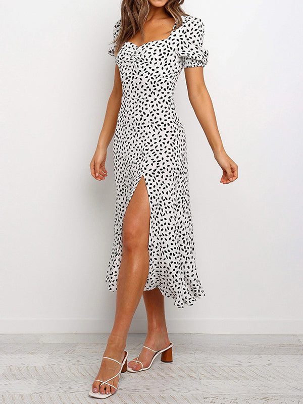 Quadratischer Hals Polka Dot Split Midi Kleid