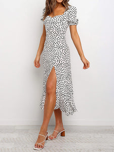 Quadratischer Hals Polka Dot Split Midi Kleid