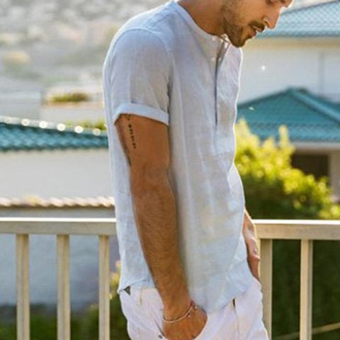 Herren-Kragen Baumwoll Leinen Kurzarm Shirt