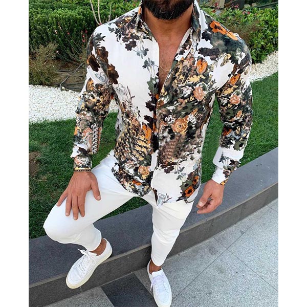 Camisa de hombre de manga larga con estampados de algodón y lino.