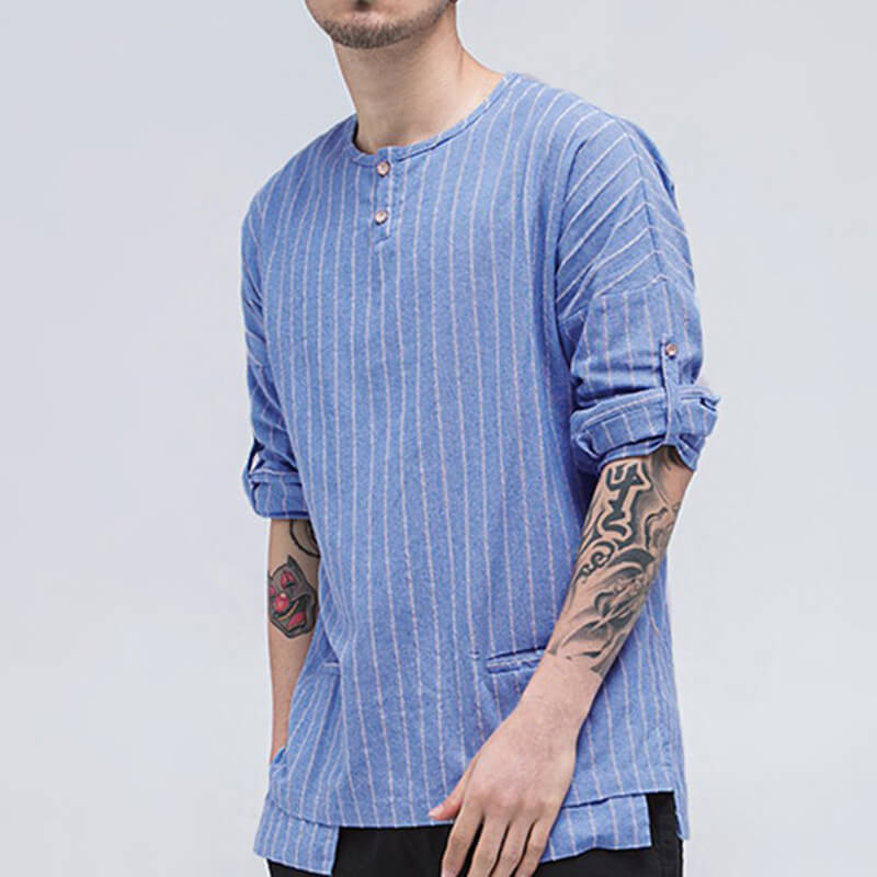 Vyriškos mados dvigubos kišenės su apvalia apykakle, dryžuotomis medvilninėmis ilgomis rankovėmis