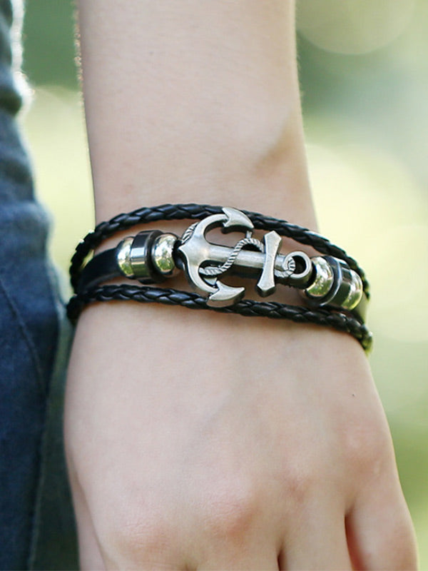 Pulsera tejida de cuero de vaca con ancla de aleación vintage para mujer