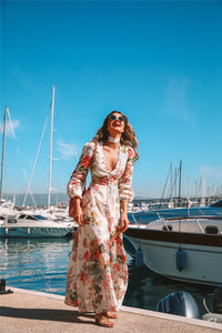 Bohemian Deep V Print Schlankes Langarmkleid