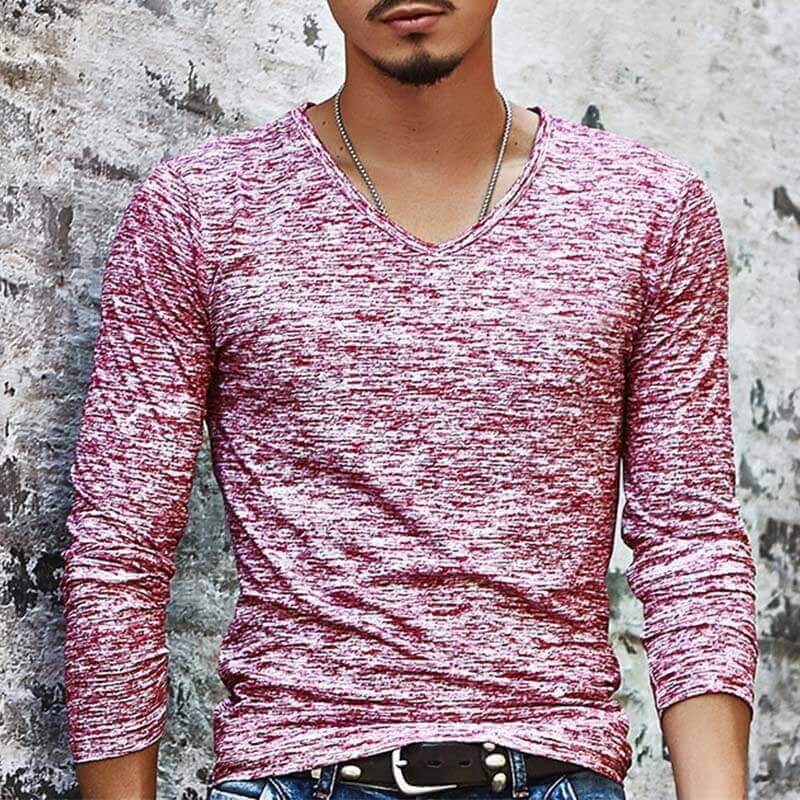 Vyriški marškiniai marškinėliais iš paprastų v formos kaklo ilgomis rankovėmis