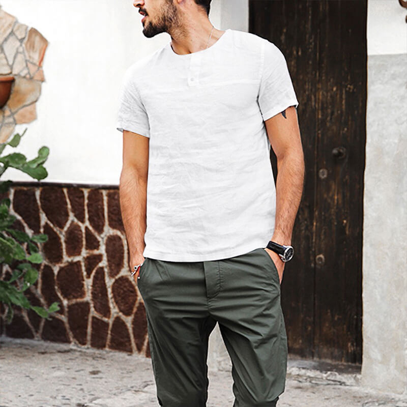 Camisa casual de lino y algodón de manga corta con cuello redondo para hombres