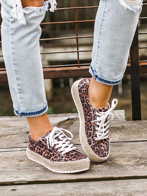 Damen Leopard Print Platform Sneakers Segeltuchschuhe