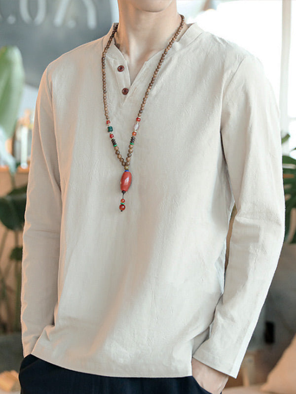 Vyriški vintažiniai medvilniniai lininiai marškinėliai ilgomis rankovėmis