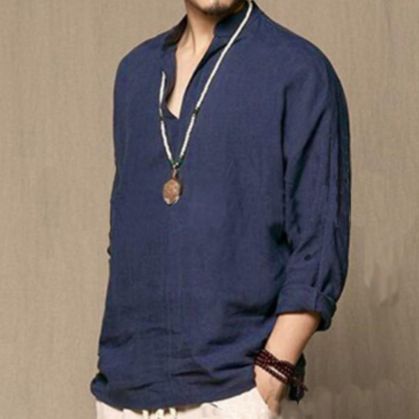 Camisa de lino simple con cuello en V para hombres.