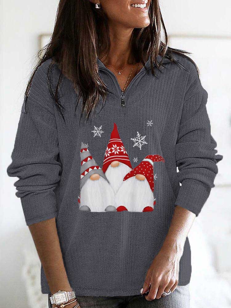 Scandinavian ladies Christmas Gnome zipper casual shirt
