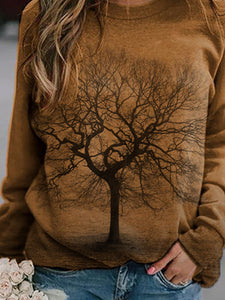 Damen Baum Schatten Print Crew Neck Casual Top