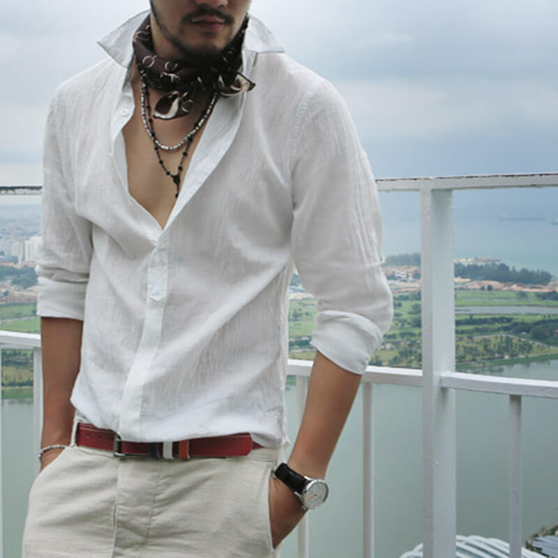 Stilvolles natürliches Langarm-Leinenhemd für Herren