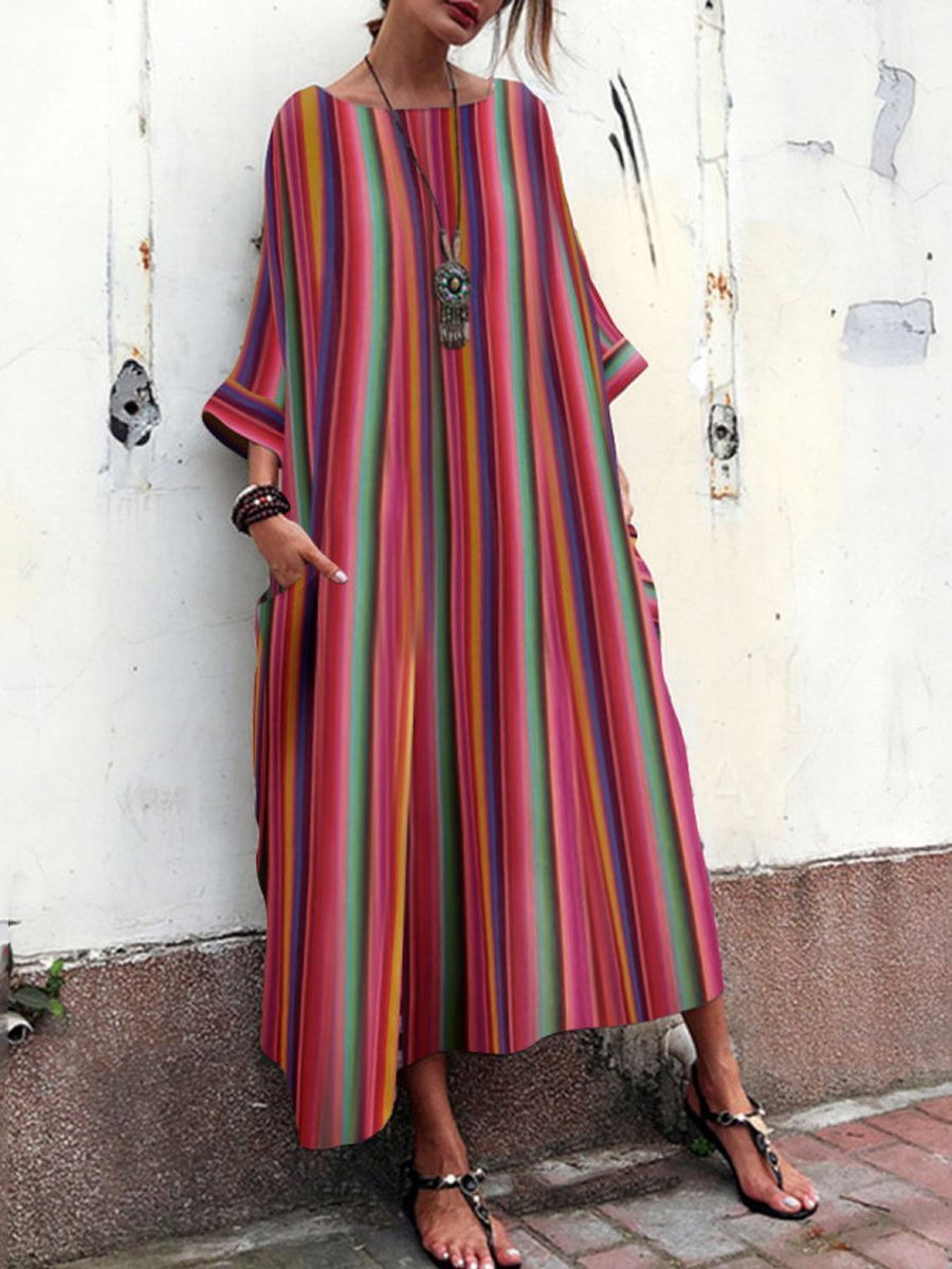 Ethnische Art bequeme lose gestreifte Rundhalsausschnitt-Kleid mit Taschen