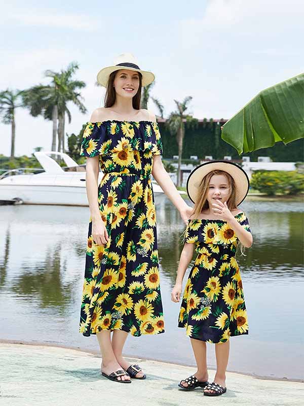 Damen Sonnenblumenmuster Schulter Eltern-Kind-Kleid