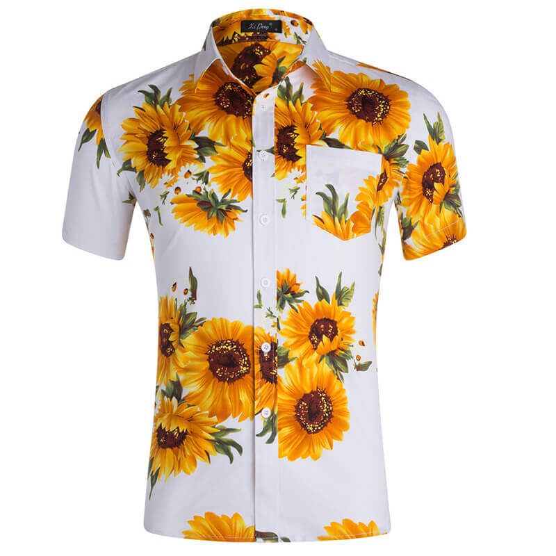 Men&#39;s Fashion Street Style Sunflower Printed Short Sleeve Cotton Shirts