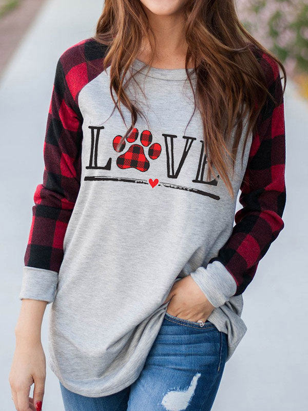 Liebe Hunde Pfote Plaid Spleißen Langarm T-Shirt