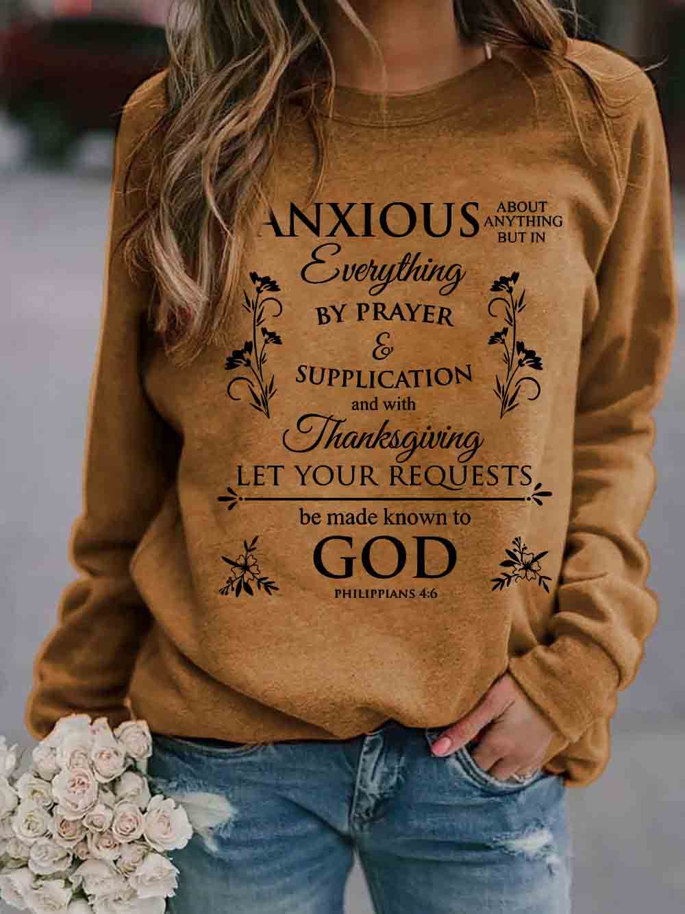 Las mujeres solo están preocupadas por la oración y el Día de Acción de Gracias. Deje que sus peticiones sean conocidas por Dios. Suéter filipenses 4: 6