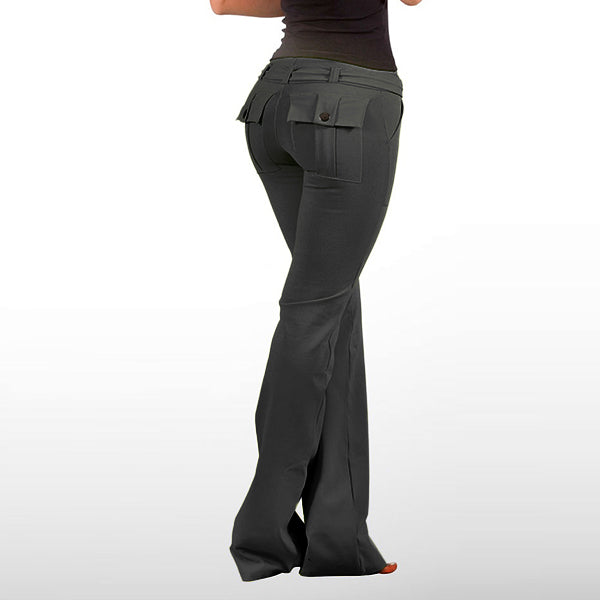 Pantalones de yoga con corte de botas y bolsillos con solapa para mujer