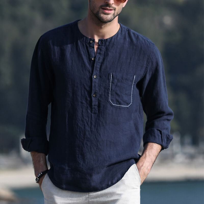 Men&#39;s summer vintage solid color round neck long sleeve long sleeve breathable linen shirt