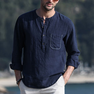 Men&#39;s summer vintage solid color round neck long sleeve long sleeve breathable linen shirt