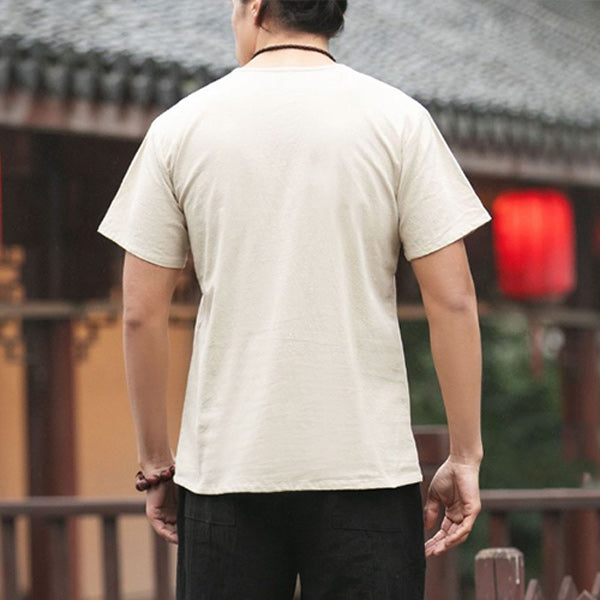 Camiseta de manga corta para hombre con estampado de loto en algodón y lino.