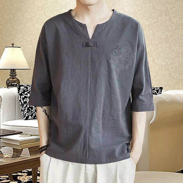 Camiseta con cuello de pico para hombre hecha de algodón y lino con cuello en V