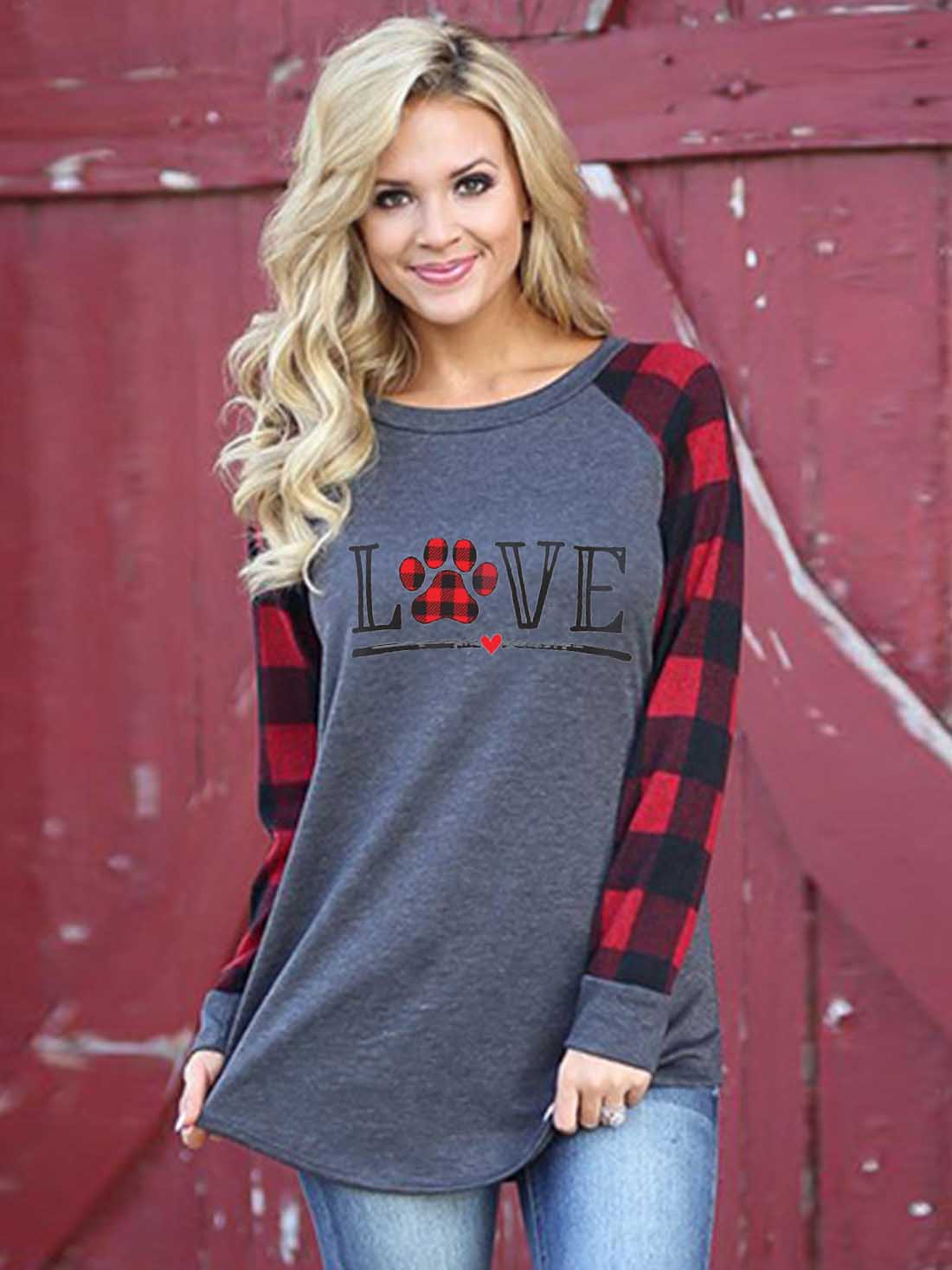 Liebe Hunde Pfote Plaid Spleißen Langarm T-Shirt