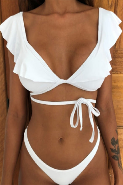 Lace-up ruffle bikini set